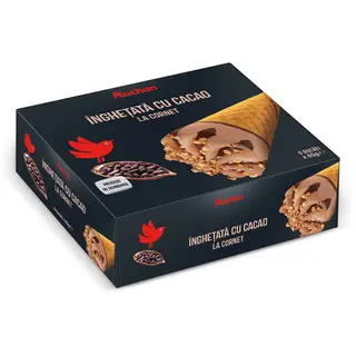 Pachet de inghetata la cornet cu cacao, arahide si glazura de cacao Auchan, 6 x 65 g