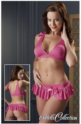 Costum Fustă mini, top și tanga cu volane, Cottelli Collection - Roz