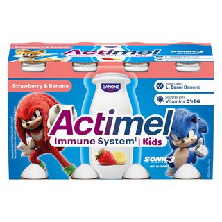 Iaurt de baut Actimel Kids, cu capsuni si banane, 8 x 100 g