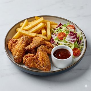 Alette di pollo con patate e insalata