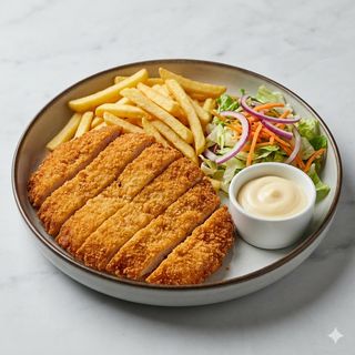 Cotoletta di pollo con patate e insalata