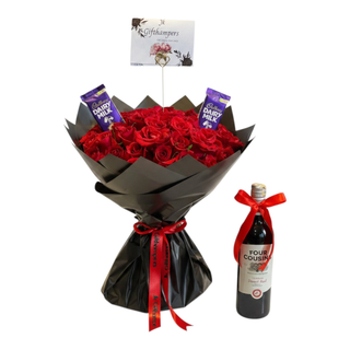Red Roses Bouqet, Chocolates And Wine