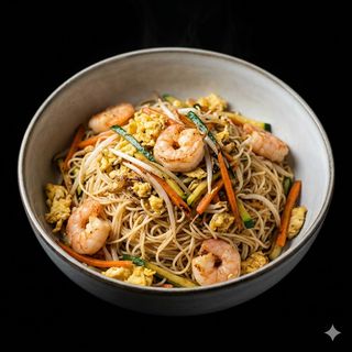 374 Spaghetti di riso con gamberi e verdure
