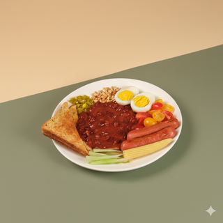 ინგლისური საუზმე მოხარშული კვერცხით და სოსისით