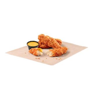 3 crispy chicken tenders with nacho cheese sauce
