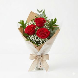 3 Rose confezionate con gypsophila e verde 