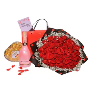 50 Roses & Gypsophila with JP Chenet & Chocolates