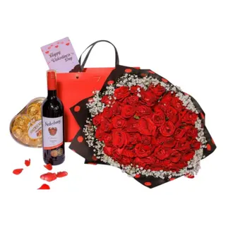 50 Roses & Gypsophila with Nederburg & Chocolates