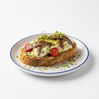 Acciughe di Cetara con stracciatella fresca , pomodoro ciliegino e granella di pistacchio su pane croccante al timo