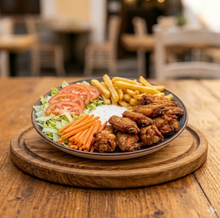 Aletta di pollo con patate e insalata