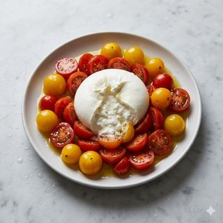 Caprese di burrata con ciliegino rosso e giallo