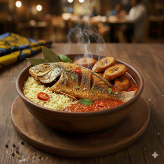 Ateke con plantano con pesce fritto