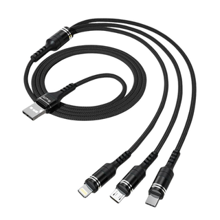 BLACK Cable M 3 in 1 Nylon Braided Strong Charging cable for Android & Apple, 1.2m, 1Yr warranty