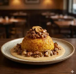 Bomba di riso con ragù e funghi porcini e cremoso di parmigiano