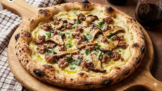 Bianca con crema di patate, salsiccia di Norcia e funghi cardoncelli