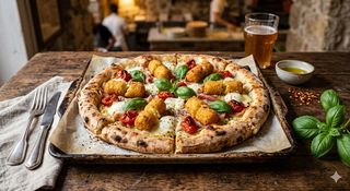 Bianca con crocchè di patate, bocconcini di bufala, prosciutto cotto affumicato, pomodorini confit e basilico