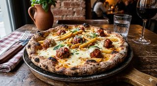 Bianca con fior di latte, polpette al sugo, patate fritte e fonduta di grana