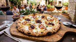 Bianca con foglie di caciocavallo, capocollo fritto e confettura di cipolla rossa