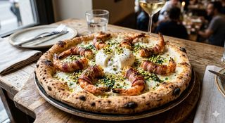 Bianca con gamberi avvolti da bacon, burratina e granella di pistacchio