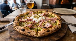 Bianca con pesto di pistacchio, mortadella IGP Bologna, stracciatella e granella di pistacchio