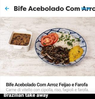 Bife acebolado acomp de arroz, feijão e farofa