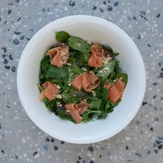 Big green salad with salmon