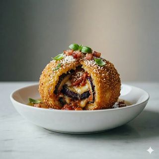 Bomba di bufala con parmigiana di melanzane