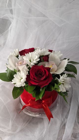 Box mix cveća ruže orhideje na crveno