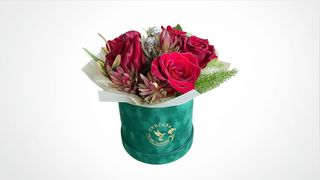 Kutija sa crvenim ružama i zelenilom