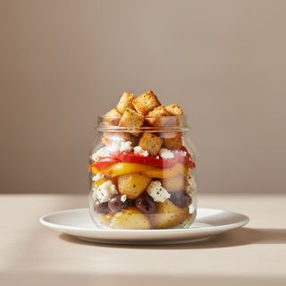 Burnia "Veg" con patate, peperoni, feta, olive taggiasche e crostini