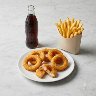 Calamari fritti 6 pezzi  + patatine + bevanda