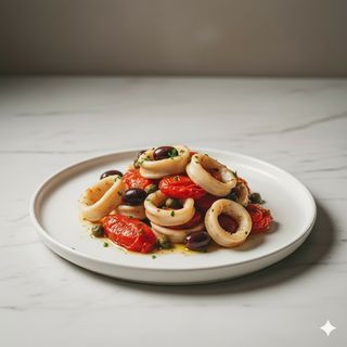 Calamari con filetto di pomodoro, olive e capperi
