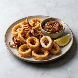 Calamari croccanti fritti dorati e composta di cipolle