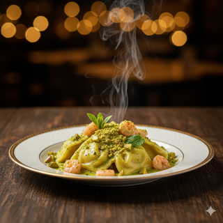 Cappellacci con gamberi e pistacchio