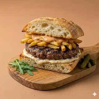 Panino carne, patatine, salse