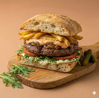 Panino carne, patatine, verdure, salse