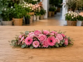 Centrotavola ovale con fiori di stagione rosa