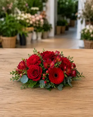 Centrotavola rotondo con fiori di stagione rosso