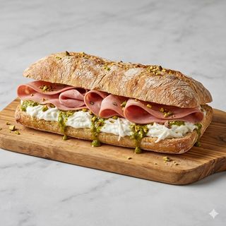 Panino mortadella, stracciatella e pesto di pistacchio
