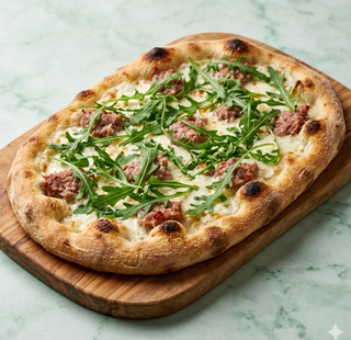 Pinsa ciauscolo, stracchino, rucola