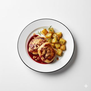 Cosce di galletto disossato con riduzione di Chianti e mandorle tostate e patate arrosto - mezza porzione