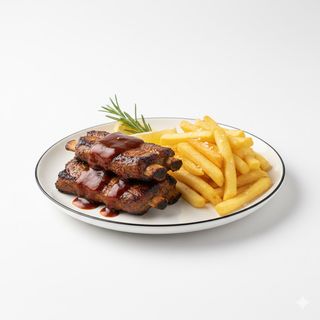 Costine di maiale alla griglia con salsa barbecue e patate fritte - una porzione