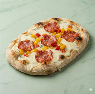 Pinsa crema di gorgonzola, fior di latte, peperoni, ventricina piccante