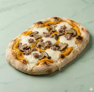 Pinsa crema di zafferano, funghi porcini, salsiccia, fior di latte