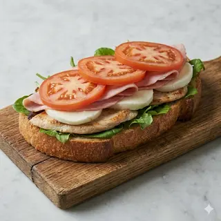 Crost petto di pollo piastrato, fiori di latte, prosciutto cotto, pomodoro e insalata