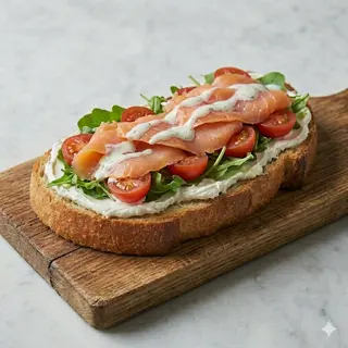 Crost summer: Philadelphia, rucola, pomodorini, salmone e salsa yogurt, salmone norvegese