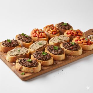 Crostini misti di pane, lampredotto, peposo, fegatini e fagioli - una porzione
