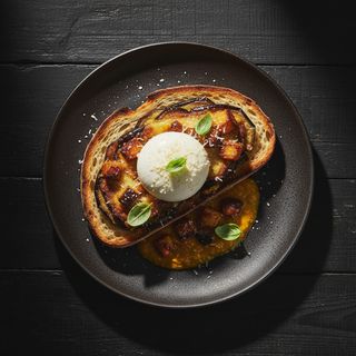 Cuor di burrata, parmigiana di melanzane e salsa di datt. Giallo