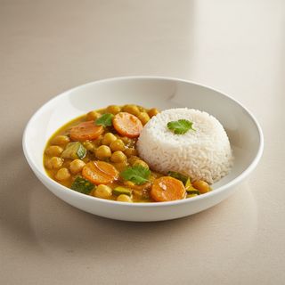 Curry di ceci con zucchine, carote e basmati al vapore