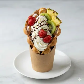 Egg waffle con panna montata e frutta